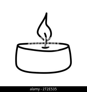 Burning tea light candle isolated on white background. Vector hand-drawn illustration in doodle style. Suitable for cards, logo, decorations. Stock Vector