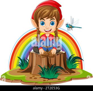 Dwarf cartoon sitting on three stump in fantasy world illustration Stock Vector