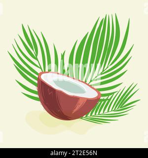 Fresh raw coconut with palm leaves isolated on white background Stock Vector