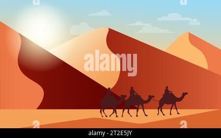 Desert landscape with sand dunes, camel caravan.Flat landscape design.Desert African or Mexican background.Vector illustration for landing page,banner Stock Vector