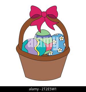 Basket with Easter eggs isolated on a white background. Illustration of basket full of colorful decorated easter eggs. Stock Vector