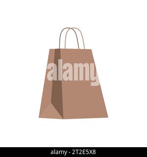 Empty paper shopping handle brown bag isolated on white background. Vector illustration icon. Shop packaging template mockup. Copy space. Retail. Stor Stock Vector