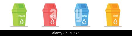 Vector illustration of a set of trash cans. Recycling garbage separation collection and recycling isolated on white background. Garbage in trash cans Stock Vector
