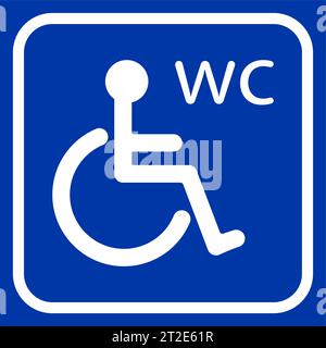 Disabled toilet icon on blue background. Disability care pictogram, handicapped man public restroom sign, disabled chair people toilets, handicap inva Stock Vector