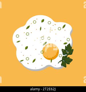 Fried egg iwith parsley solated on yellow background. Fried egg flat icon. Fried egg closeup Stock Vector
