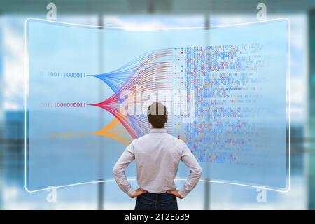 Data analytics and AI technology. Data science and big data. Scientist analysing complex data set on computer. Data mining, artificial intelligence, m Stock Photo