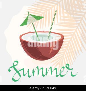 Fresh tropical cocktail in coconut half. Refreshing beach drink decorated with umbrella and straw Stock Vector