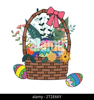 Basket with Easter eggs isolated on a white background. Illustration of basket full of colorful decorated easter eggs. Stock Vector