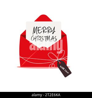 Holiday christmas greeting card in red open envelope. Cute vector illustration in flat cartoon style.Vector illustration Stock Vector
