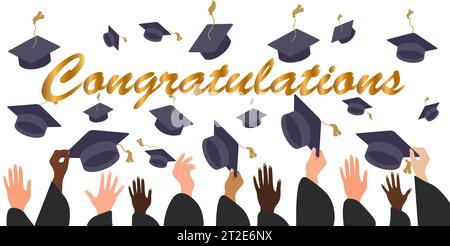Graduating students of pupil hands in gown throwing graduation caps in the air, flying academic hats, throw mortar boards in the sky flat cartoon vect Stock Vector