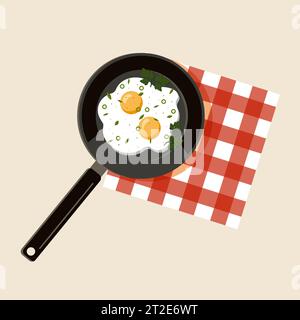 Fried eggs on pan with parsley. Top view of healthy breakfast food. Vector illustration Stock Vector