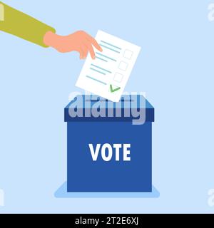 Hand puts vote bulletin into vote box. Election concept. Flat design vector illustration Stock Vector