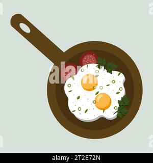 Fried eggs on pan with slice of tomato. Top view of breakfast food Stock Vector
