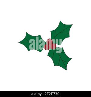 Illustration of Christmas holly branch. Happy New Year decoration. Holiday seasonal object. Stock Vector
