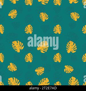Minimal botanical art seamless pattern. Tropical monstera leaves silhouette and line art on geo shapes background. Exotic leaf vector design. Hand dra Stock Vector