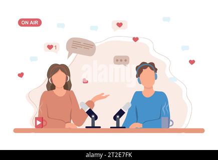 Man and woman talking to microphone recording podcast in studio.  Podcasting, broadcasting, online radio concept. Vector illustration Stock Vector