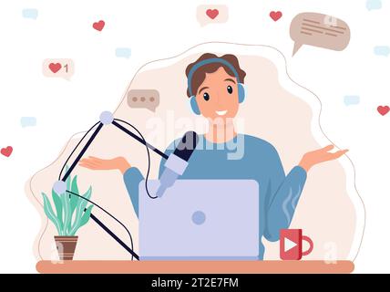 Man recording podcast. Podcast concept in flat style. Podcaster talking with the audience.Vector illustration Stock Vector