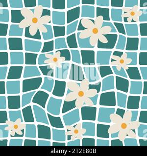 Mosaic seamless pattern with daisy. Retro rounded squares. Minimalistic Scandinavian style in pastel colors. Ideal for printing baby clothes, textiles Stock Vector