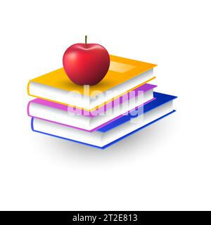 Pile of books with red apple isolated on white background. School design. Stock Vector