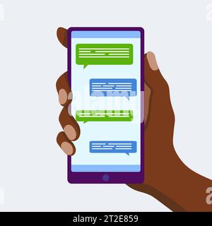 Male black hand holding smartphone with message chart on screen vector flat illustration. Human black arm with mobile phone messenger application on d Stock Vector