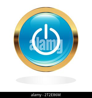 Power sign on blue glossy button. Start power sphere button, ui icon design, on off application symbol Stock Vector