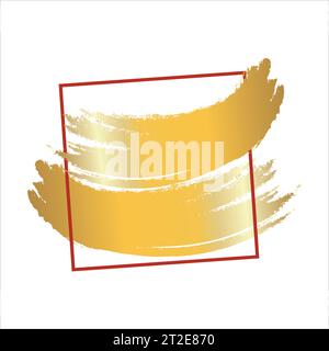 Red Frame with Golden Brush Stroke. Metallic Golden Texture Design Element for Greeting Cards and Labels, Abstract Background. Stock Vector