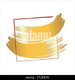 Red Frame with Golden Brush Stroke. Metallic Golden Texture Design Element for Greeting Cards and Labels, Abstract Background. Stock Vector