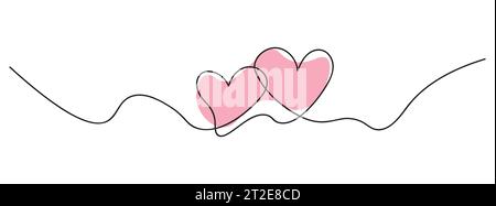 One Continuous line drawing of two hearts. Romantic symbols in simple linear style. Minimalist Doodle.isolated on white background. Vector illustratio Stock Vector