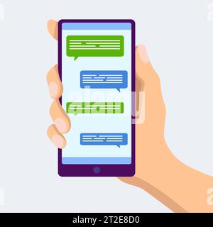 Male hand holding smartphone with message chart on screen vector flat illustration. Human arm with mobile phone messenger application on display isola Stock Vector