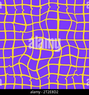 Minimalist bright mosaic seamless pattern. Yellow wavy distorted grid on a purple background.Ideal for printing baby clothes, textiles, fabrics, wrapp Stock Vector