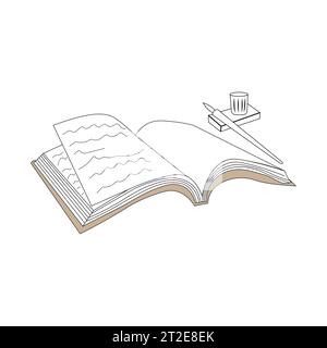 One line drawing of notebook, ink and quill pen on the desk.Line drawing open notebook. Isolate on white background. Vector illustration Stock Vector