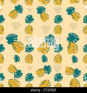 Minimal botanical art seamless pattern. Tropical monstera leaves silhouette and line art on geo shapes background. Exotic leaf vector design. Hand dra Stock Vector
