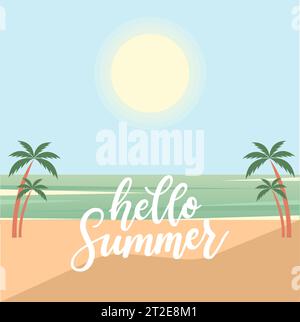 Summer card with palm trees. Palm trees, sunset and ocean. Vector graphics Stock Vector