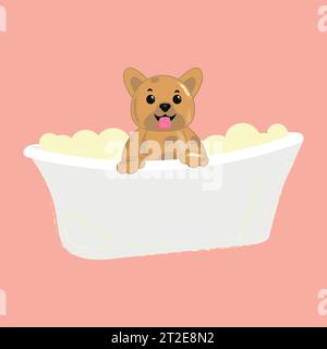 The dog is bathing in the bathtub. Beauty salon for pets. Cute corgi. Grooming. Stock Vector