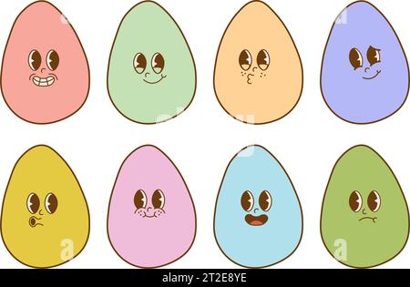 Set trendy groovy Easter eggs stickers. Happy Easter Day. Funky happy egg character in trendy retro 60s 70s style. Vector illustration Stock Vector