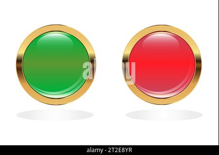 Red and green shiny buttons. Round glass web icons with gold frame. Vector illustration isolated on white background Stock Vector