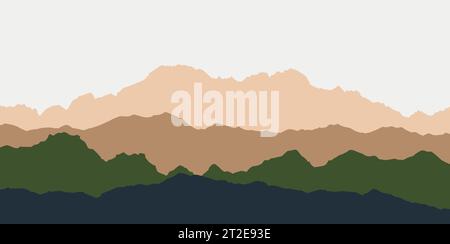 panoramic view of the mountain landscape with fog in the valley below with the alpenglow blue sky and rising sun - vector Stock Vector