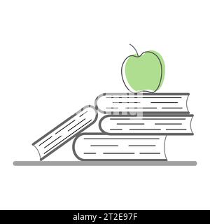 Continuous line drawing. Stack of books with apple. Vector illustration Stock Vector