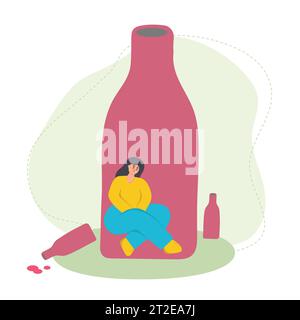 Female alcoholism. A sad girl sits in a wine bottle. Bad habit, alcohol addiction. Flat vector illustration Stock Vector