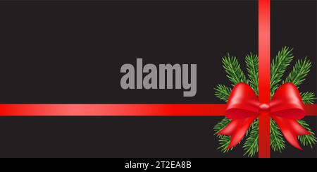 Shiny red satin ribbon with pine on black background. Merry Christmas and Happy New Year Card. Vector illustration Stock Vector
