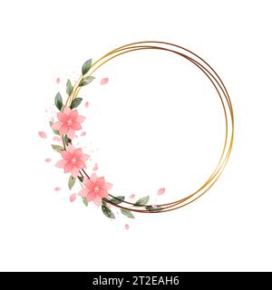 Abstract art vector. Round gold frame with leaves. Artistic gold lines with botanical leaves, watercolor. Stock Vector