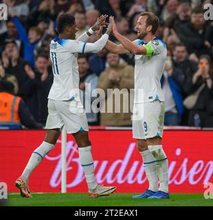 London, UK. 17th Oct, 2023. 17 Oct 2023 - England v Italy - Euro 2024 Qualifier - Wembley Stadium.  England's Harry Kane celebrates scoring his 2nd goal with Marcus Rashford during the match against Italy. Picture Credit: Mark Pain / Alamy Live News Stock Photo