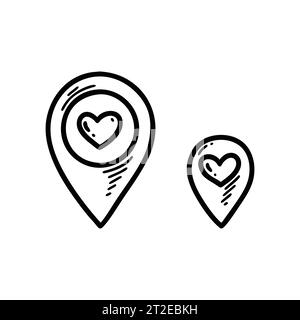 Heart doodle location pin. Place gore love and care marker. Volunteering map address. Hand drawn sketch Valentines Day geotag Stock Vector