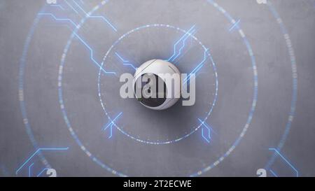 Rotating security camera with AI recognition installed on the wall. 3D visual effects shows wireless internet connection with modern CCTV camera or data transfer. VFX animation. Surveillance system. Stock Photo