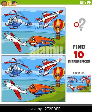 Cartoon illustration of finding the differences between pictures educational activity with flying vehicles characters Stock Vector