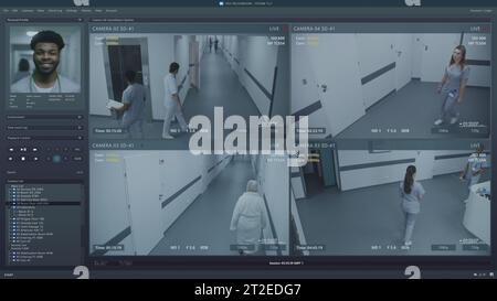 Playback CCTV cameras in modern hospital on computer screen. User interface of surveillance system program and AI facial recognition technology. Security cameras footage. Concept of identification. Stock Photo