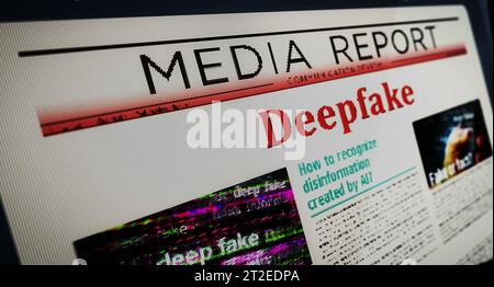 Deepfake AI disinformation fake news and misinformation daily newspaper reading on mobile tablet computer screen. Man touch screen with headlines news Stock Photo