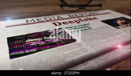 Deepfake AI disinformation fake news and misinformation daily newspaper on table. Headlines news abstract concept 3d illustration. Stock Photo