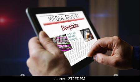 Deepfake AI disinformation fake news and misinformation daily newspaper reading on mobile tablet computer screen. Man touch screen with headlines news Stock Photo