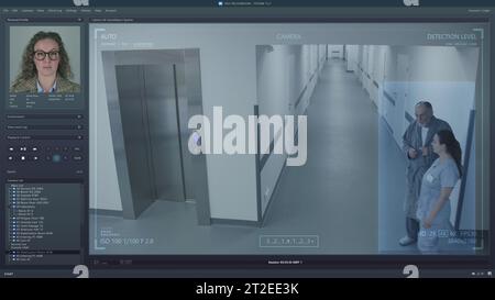 Playback CCTV cameras in modern clinic on PC screen. User interface of surveillance system program and AI face recognition. Security cameras footage. Medical staff and patients in hospital hallway. Stock Photo